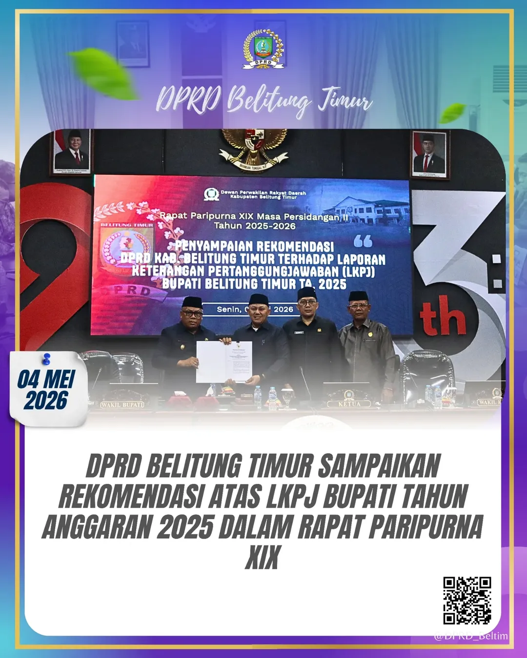 Rapat Paripurna XIX Masa Persidangan II Tahun Sidang 2025-2026 di Ruang Sidang DPRD Kabupaten Belitung Timur, Penyampaian Rekomendasi DPRD terhadap Laporan Keterangan Pertanggungjawaban (LKPJ) Bupati Belitung Timur Tahun Anggaran 2025.