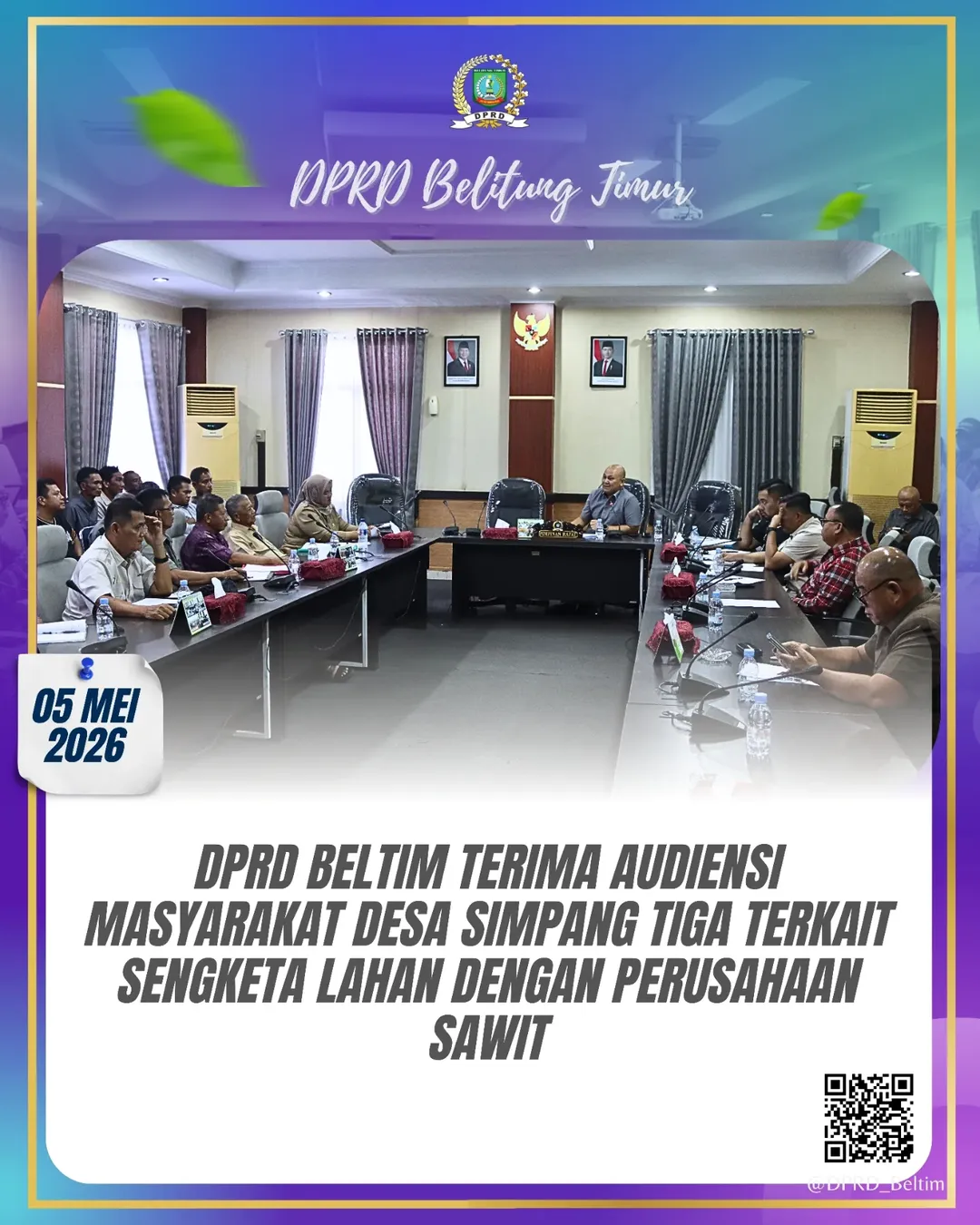 Dewan Perwakilan Rakyat Daerah (DPRD) Kabupaten Belitung Timur menerima audiensi dari perwakilan masyarakat Desa Simpang Tiga, Kecamatan Simpang Renggiang.