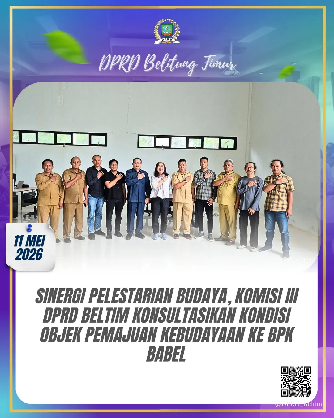 Ketua Komisi III DPRD Kabupaten Belitung Timur, Akhiruddin, A.Md, melakukan kunjungan kerja ke Balai Pelestarian Kebudayaan (BPK) Provinsi Kepulauan Bangka Belitung di Kecamatan Sijuk
