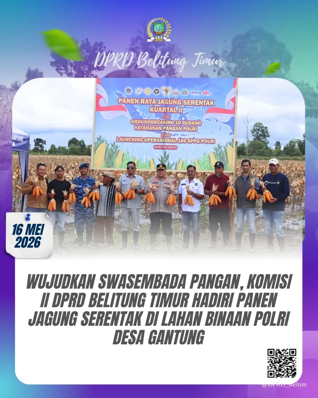 Dewan Perwakilan Rakyat Daerah (DPRD) Kabupaten Belitung Timur turut berpartisipasi dalam kegiatan Panen Jagung Serentak Kuartal yang berlokasi di kawasan Danau Nujau, Desa Gantung