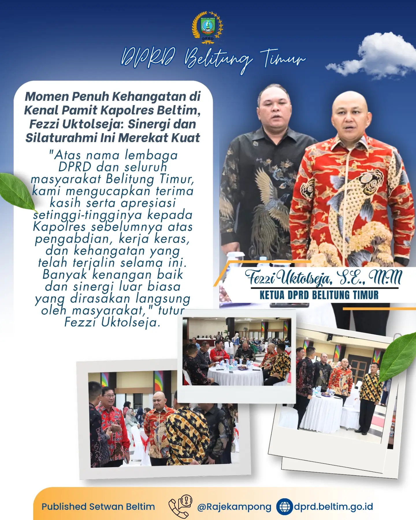 Ketua DPRD Kabupaten Belitung Timur, Fezzi Uktolseja, bersama unsur Forkopimda, jajaran Pemerintah Kabupaten Belitung Timur, instansi vertikal, tokoh masyarakat, serta tamu undangan lainnya menghadiri acara kenal pamit Kapolres Belitung Timur
