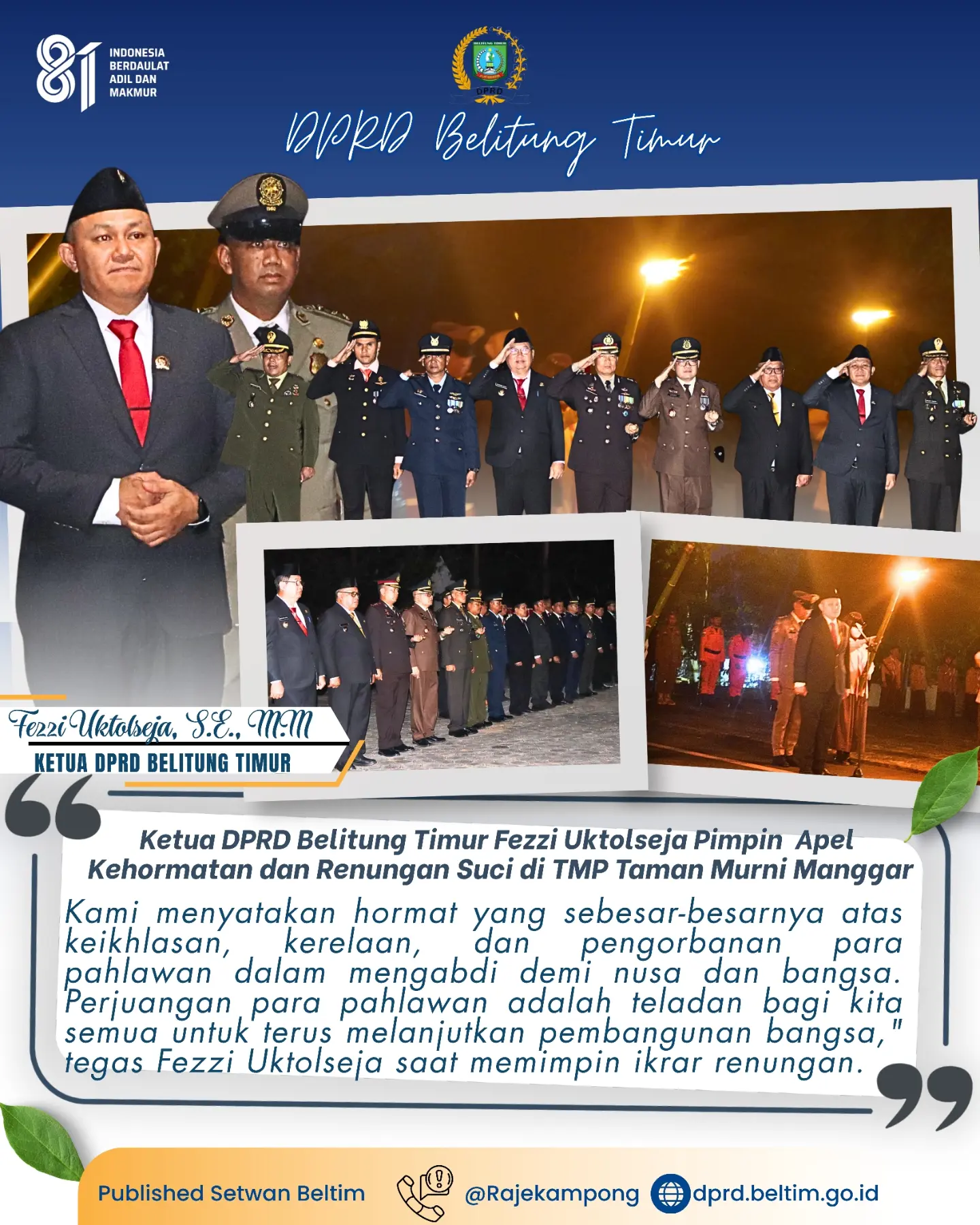 Pemerintah Kabupaten Belitung Timur menggelar Apel Kehormatan dan Renungan Suci di Taman Makam Pahlawan (TMP) "Taman Murni", Kecamatan Manggar,