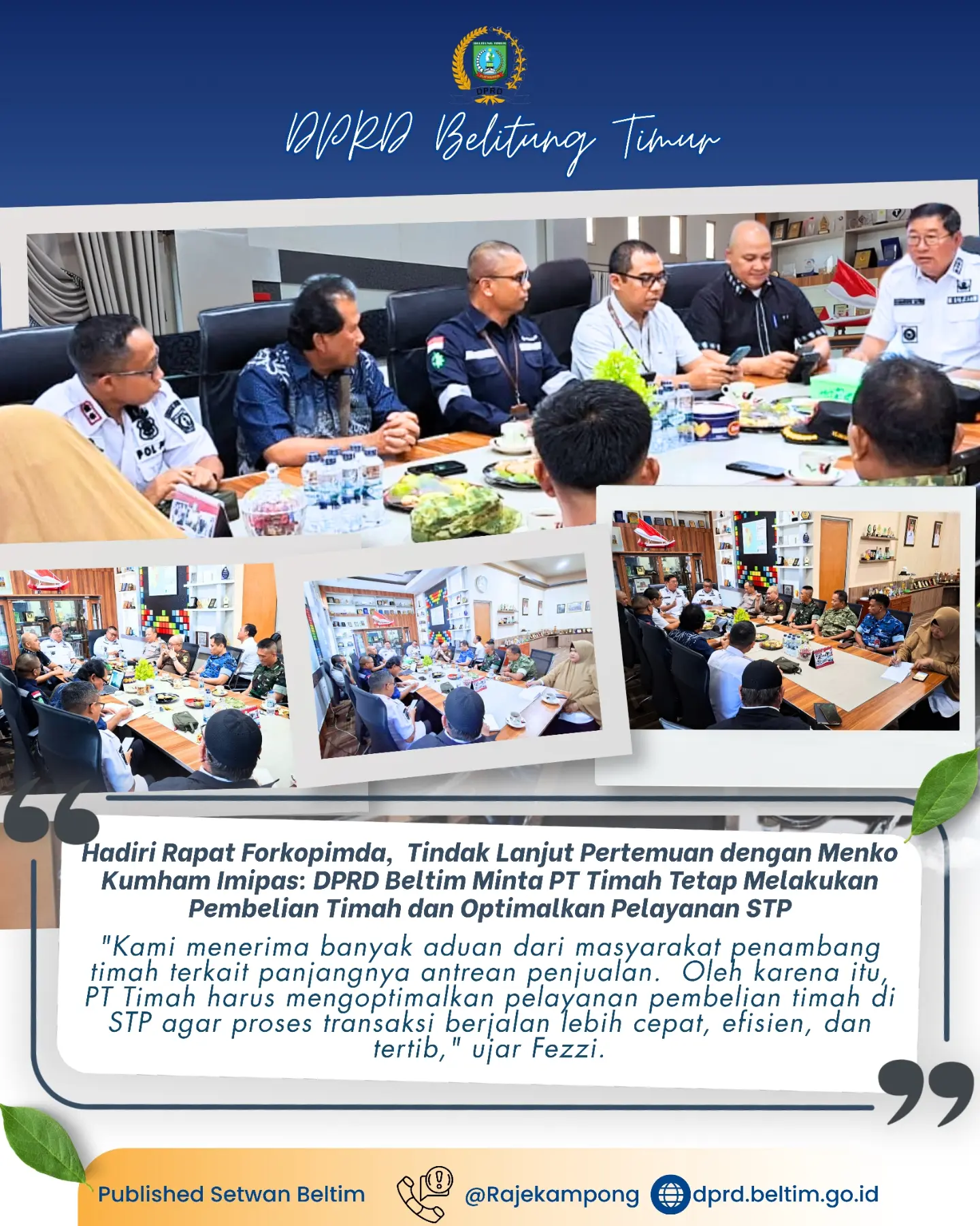 Forkopimda menggelar rapat koordinasi guna menindaklanjuti hasil pertemuan strategis dengan Menteri Koordinator Bidang Hukum, HAM, Imigrasi, dan Pemasyarakatan (Menko Kumham Imipas), Yusril Ihza Mahendra, terkait dengan Tata Kelola Pertambangan Timah