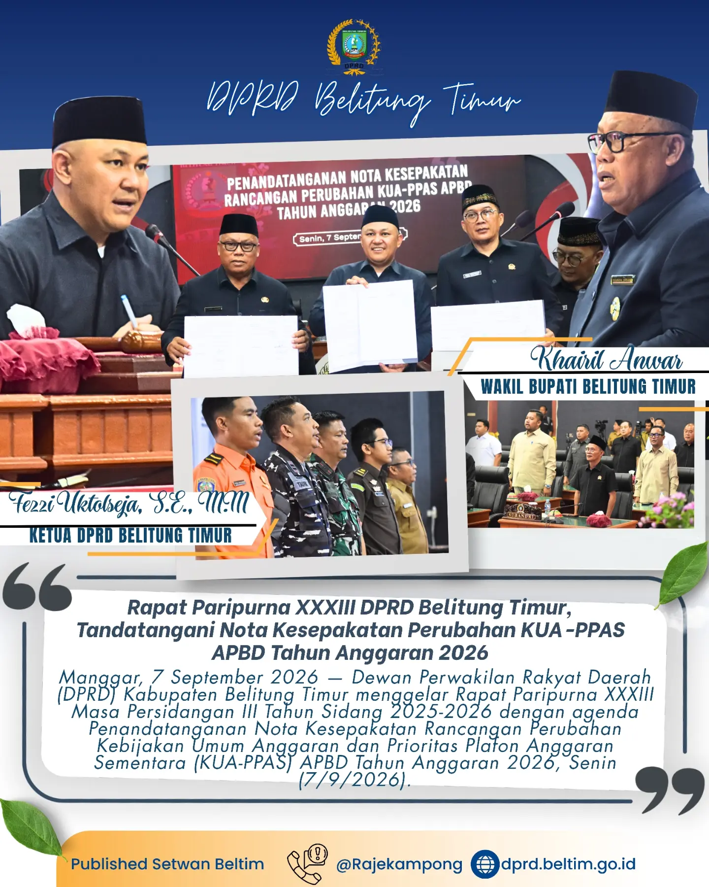 Rapat Paripurna XXXIII Masa Persidangan III Tahun Sidang 2025-2026 dengan agenda Penandatanganan Nota Kesepakatan Rancangan Perubahan Kebijakan Umum Anggaran dan Prioritas Plafon Anggaran Sementara (KUA-PPAS) APBD Tahun Anggaran 2026
