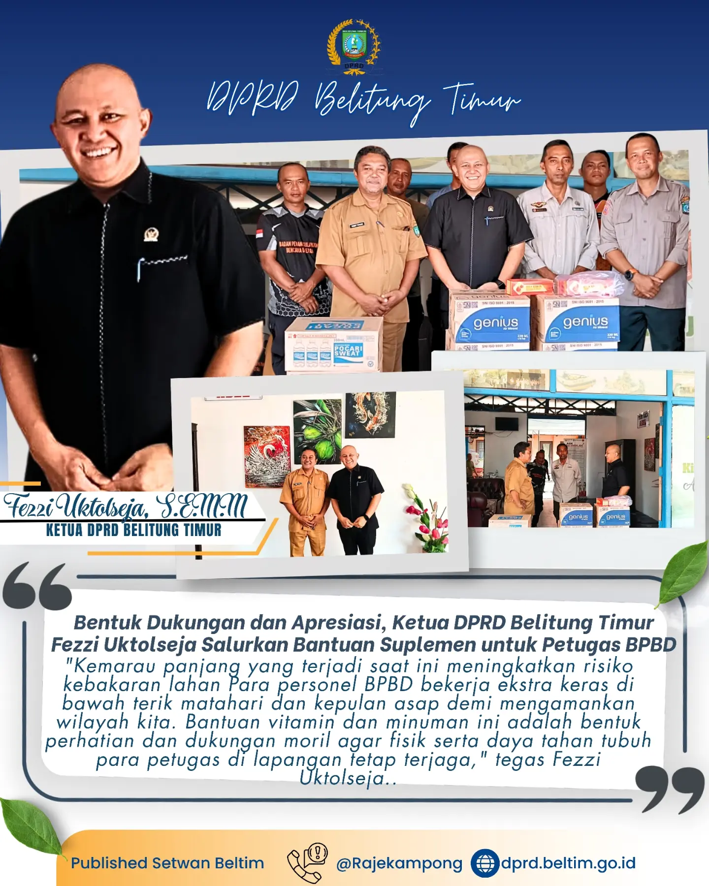 Ketua DPRD Belitung Timur, Fezzi Uktolseja, melakukan kunjungan kerja mendadak ke Kantor Badan Penanggulangan Bencana Daerah (BPBD) Kabupaten Belitung Timur.