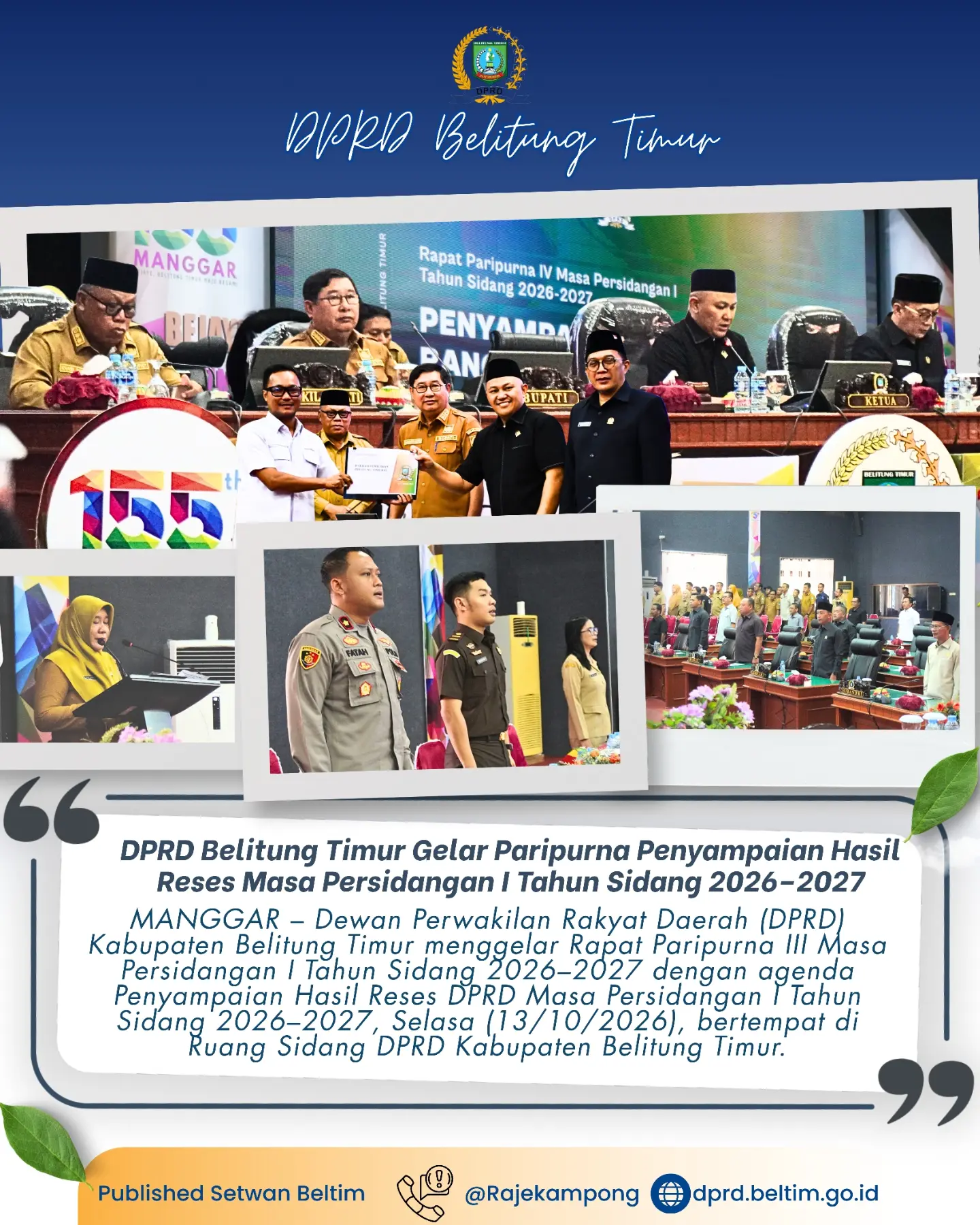 Rapat Paripurna III Masa Persidangan I Tahun Sidang 2026–2027 dengan agenda Penyampaian Hasil Reses DPRD Masa Persidangan I Tahun Sidang 2026–2027